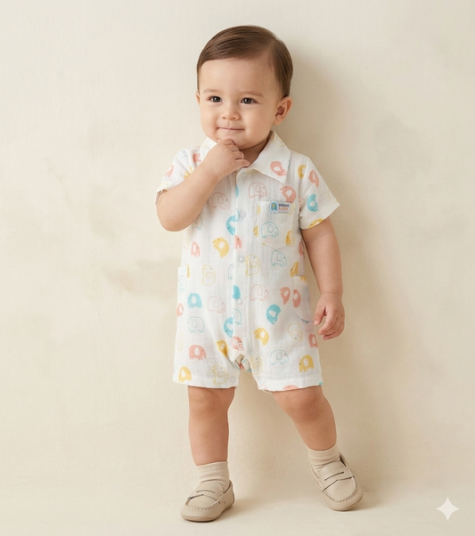 Playful Pastel Elephant Print Cotton Romper with Classic Collar