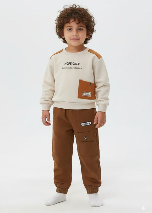 Stylish Beige & Brown Sweat T-shirt Set for Boys (1–5 Years)