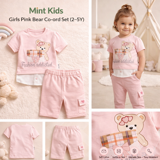 Mint Kids Girls Pink Bear Co-ord Set (2–5Y)