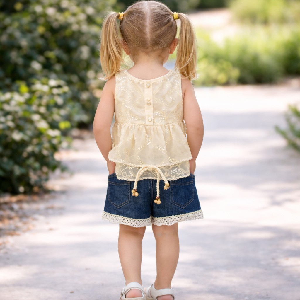 Girls Cream Embroidered Top with Denim Shorts Set