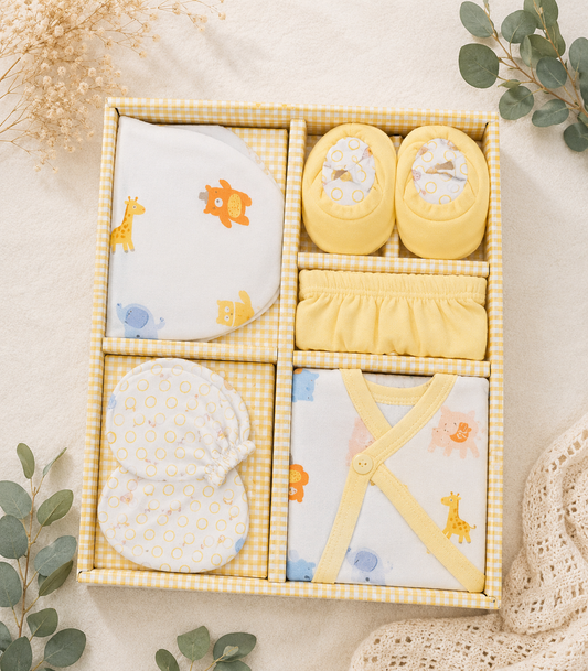 Yellow Safari Animal Print Newborn Baby Gift Set Box | Sleepsuit, Bib, Booties, Mittens & Cap | 0-3 Months