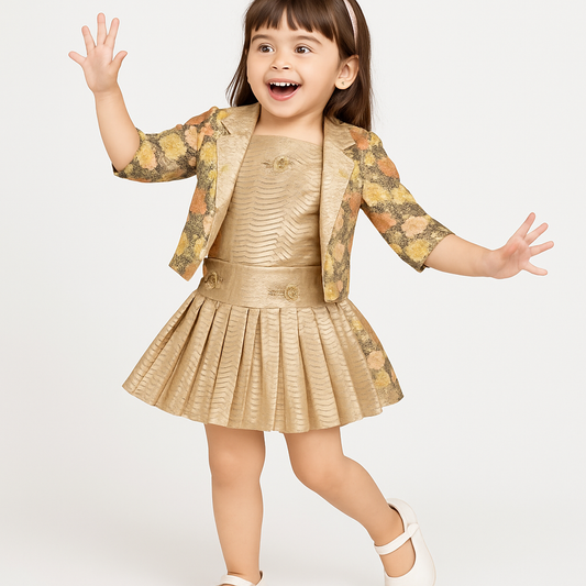 MintKids Golden Pleated Dress with Floral Blazer