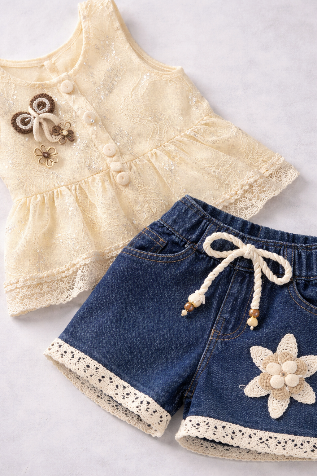 Girls Cream Embroidered Top with Denim Shorts Set
