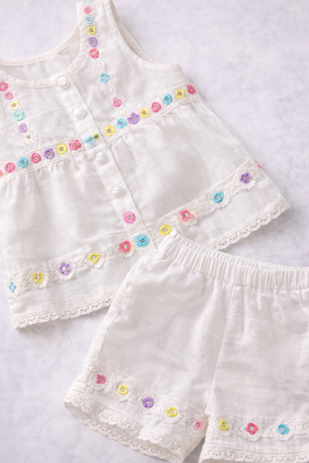 Girls White Embroidered Top with Shorts Set