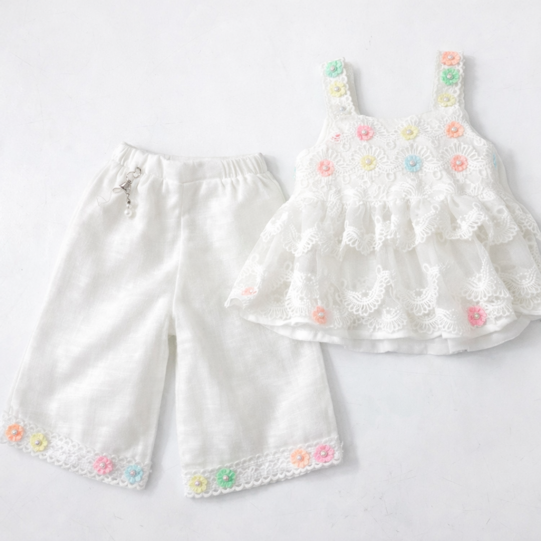 Girls White Lace Top with Culottes Set (Pastel Floral Detailing)