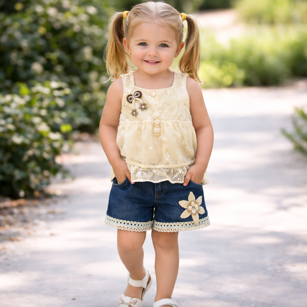 Girls Cream Embroidered Top with Denim Shorts Set
