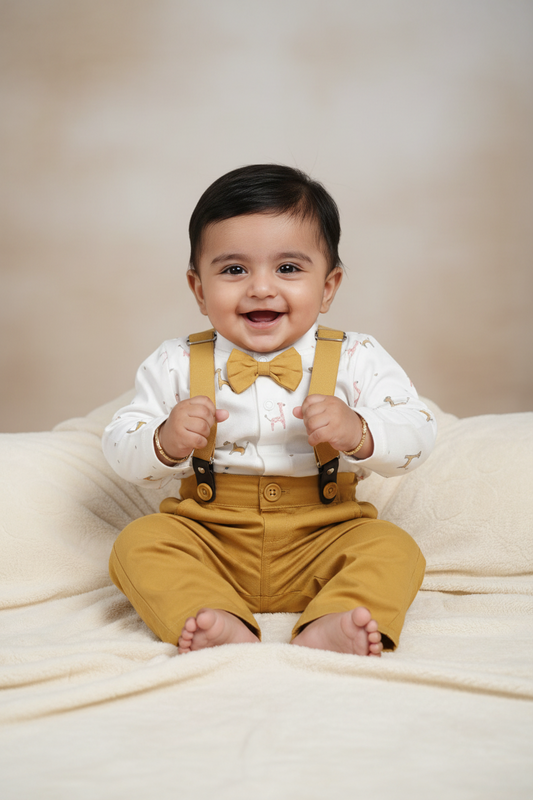 Giraffe Print Shirt Mustard Bow Tie Suspender & Trouser Set