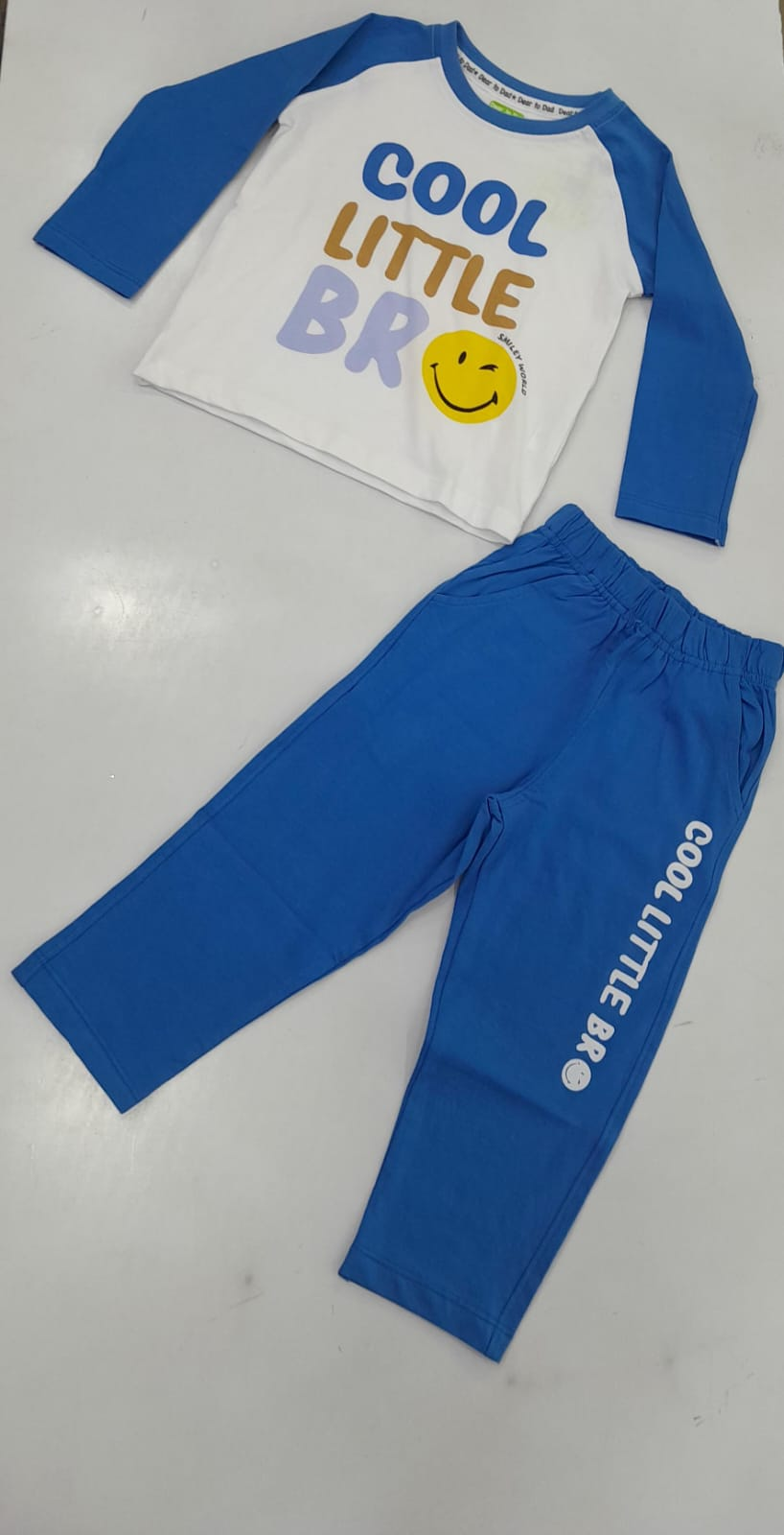 Mint Kids 08S Boys Cool Little Bro white and blue raglan tee with matching blue jogger pants