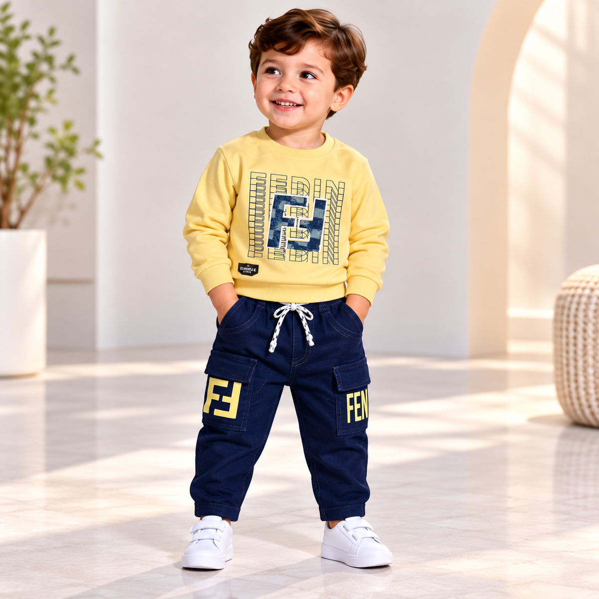 Boy wearing a yellow letter-graphic sweatshirt and navy drawstring cargo pants with yellow print details