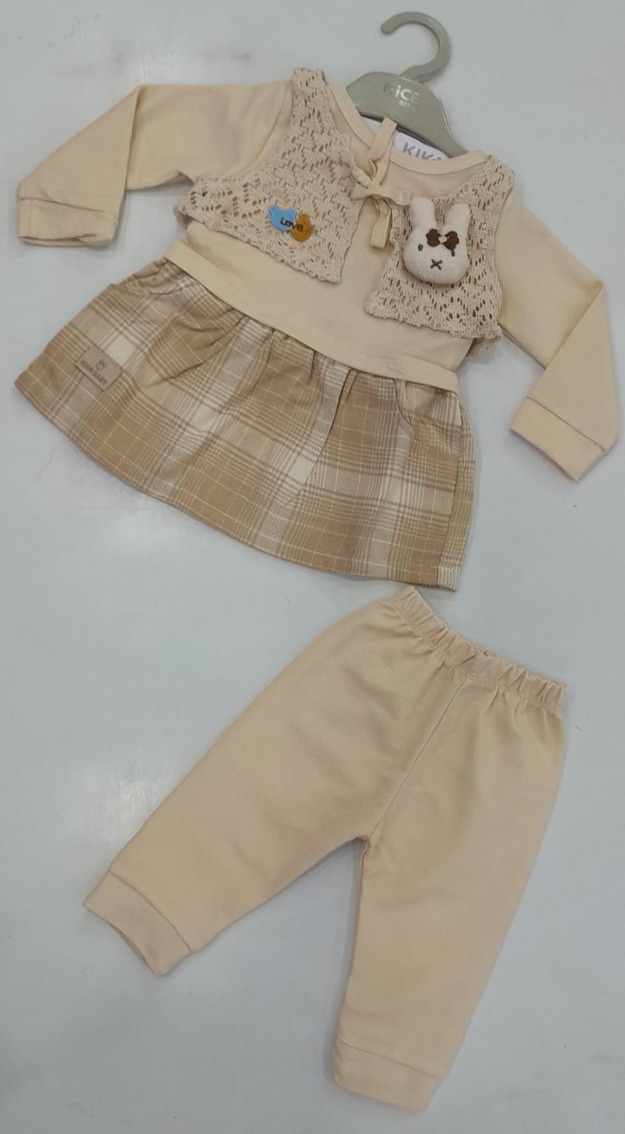 Mint Kids 147 Girls cream bunny knit overlay top with tan check skirt and matching cream jogger pants