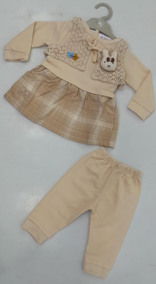 Mint Kids 147 Girls cream bunny knit overlay top with tan check skirt and matching cream jogger pants