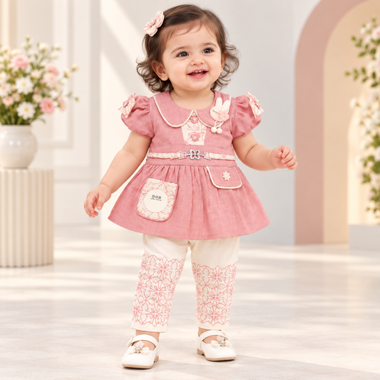 Girl wearing a pink bunny-detail tunic with puff sleeves and cream pants with pink floral designs