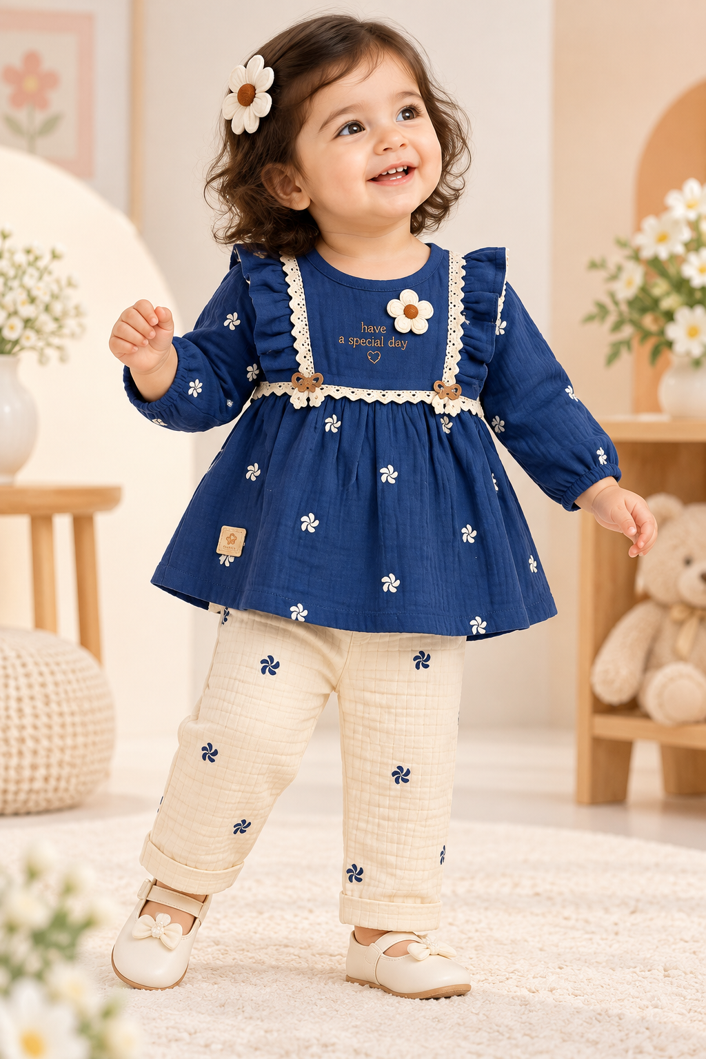 Baby girl wearing a navy floral-print ruffle tunic with lace trim and cream printed pants