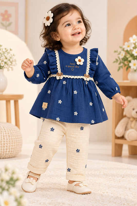 Baby girl wearing a navy floral-print ruffle tunic with lace trim and cream printed pants