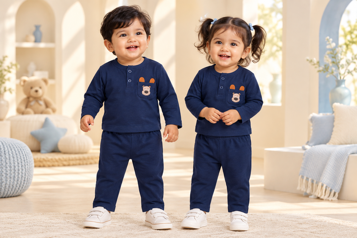 Toddler boy and girl both wearing the navy blue bear applique top and pants set