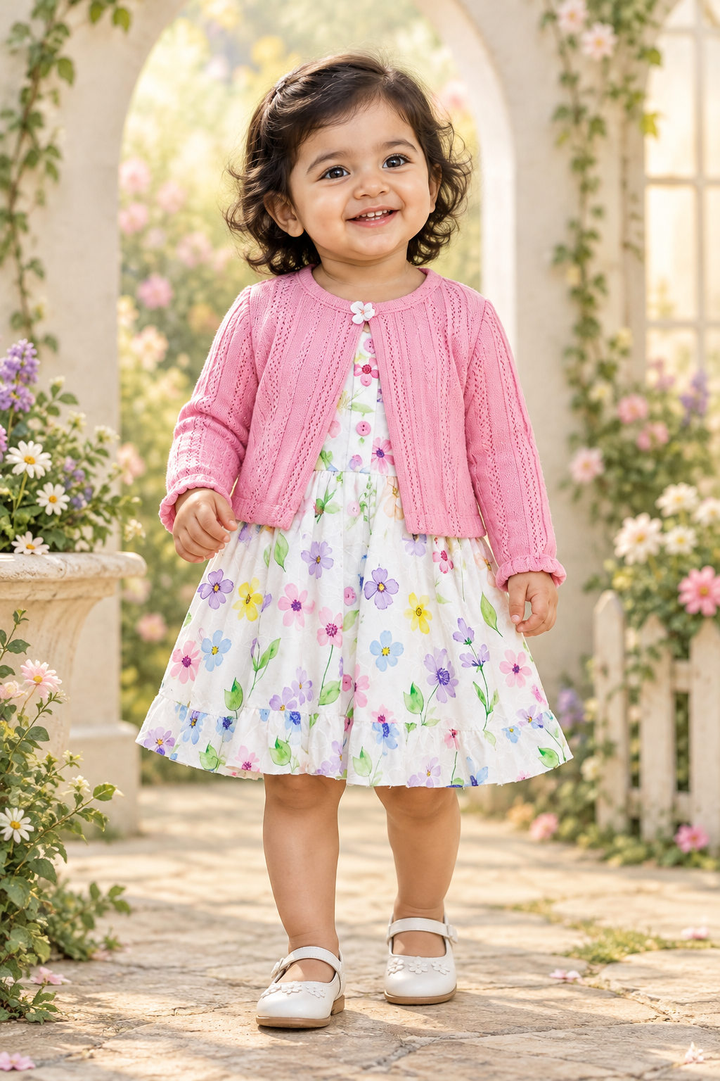 Toddler girl wearing floral dress and pink knitted cardigan