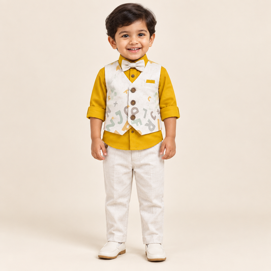 Toddler boy wearing mustard shirt, printed waistcoat, cream pants and bow tie set