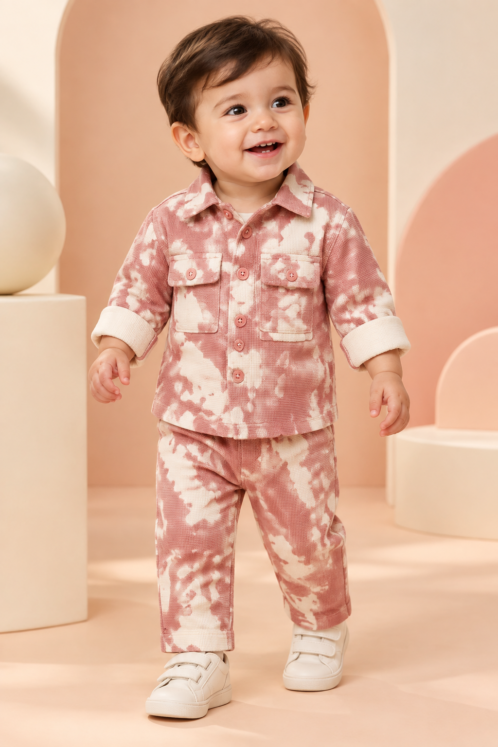 Toddler wearing peach-and-white abstract-print shirt and matching pants
