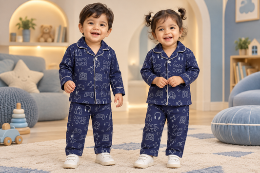 Toddler boy and girl wearing matching navy blue Game Over gaming pyjama sets