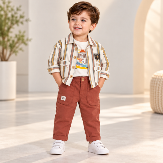 Boy wearing a multicolour striped shirt, white graphic T-shirt and rust cargo pants