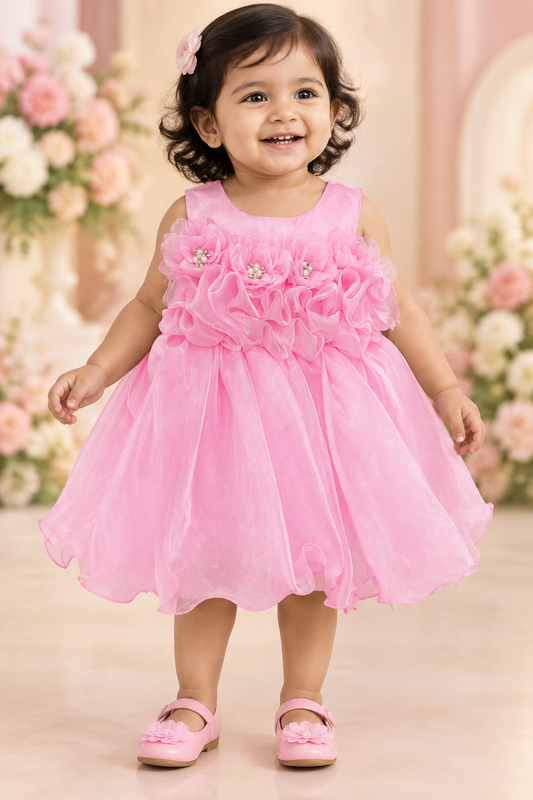 Toddler girl wearing pink floral ruffle knee-length party dress
