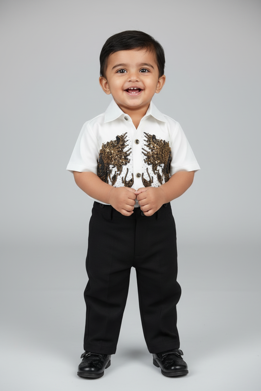 Baby boy wearing white lion embroidery shirt and black formal trousers set - mockup