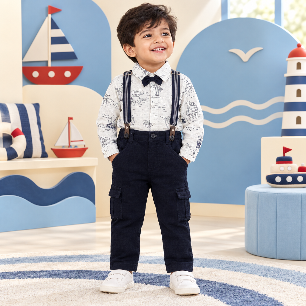Toddler boy wearing nautical print shirt with navy suspender pants in a seaside playroom