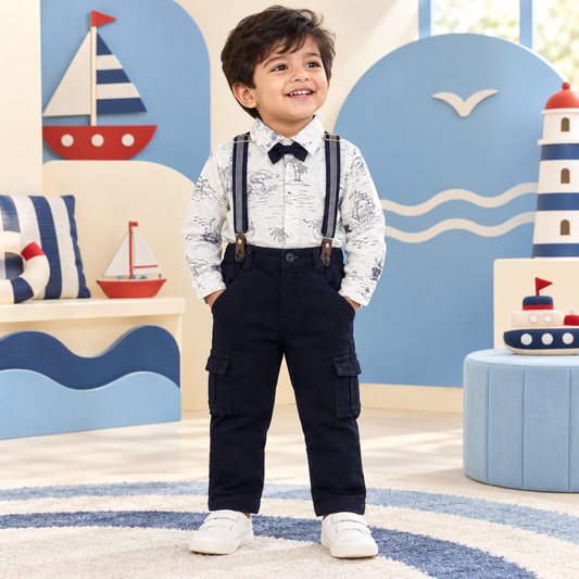 Toddler boy wearing nautical print shirt with navy suspender pants in a seaside playroom