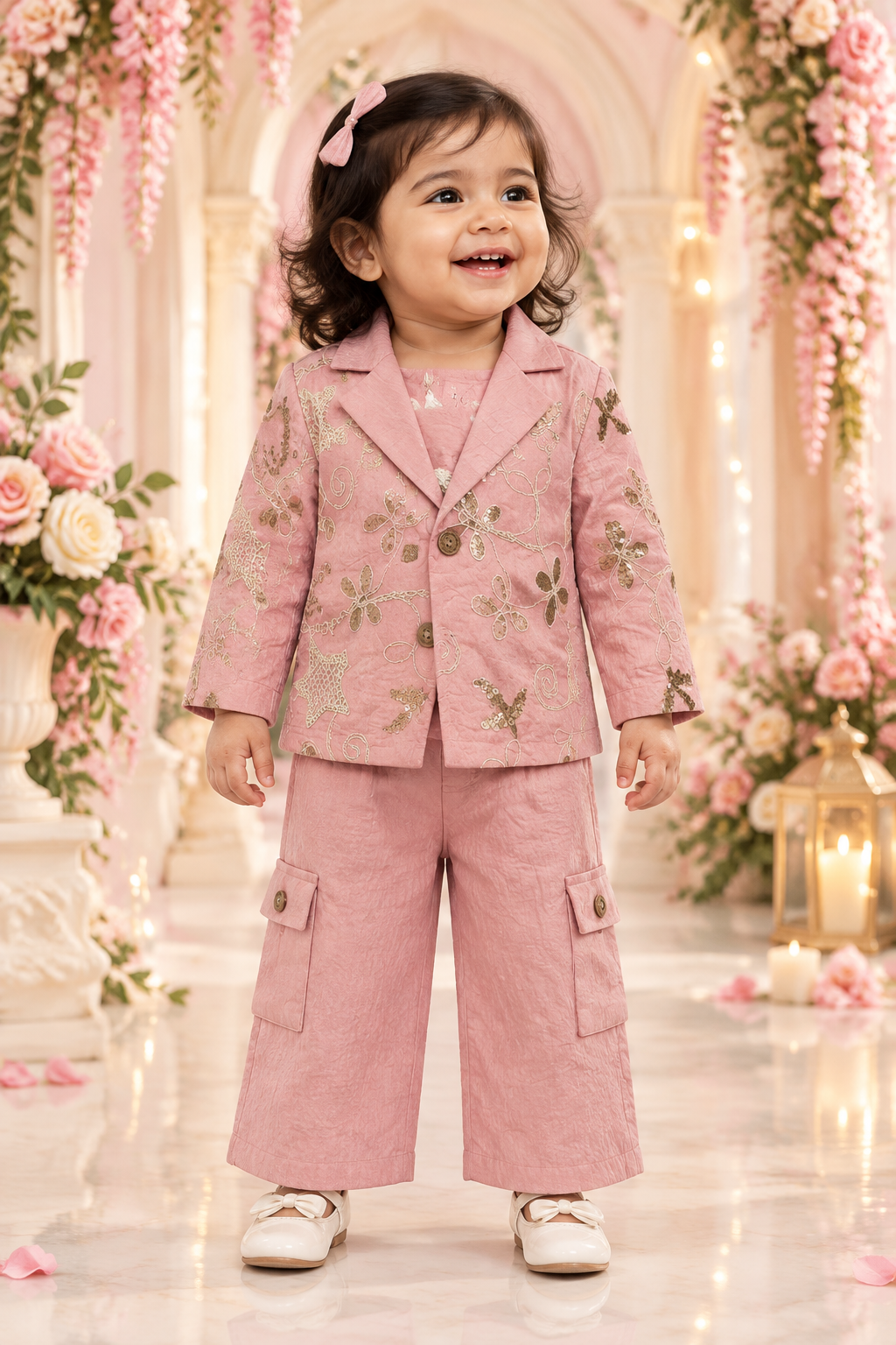 Little girl wearing sequin blazer and pink cargo pants in a fancy party setting
