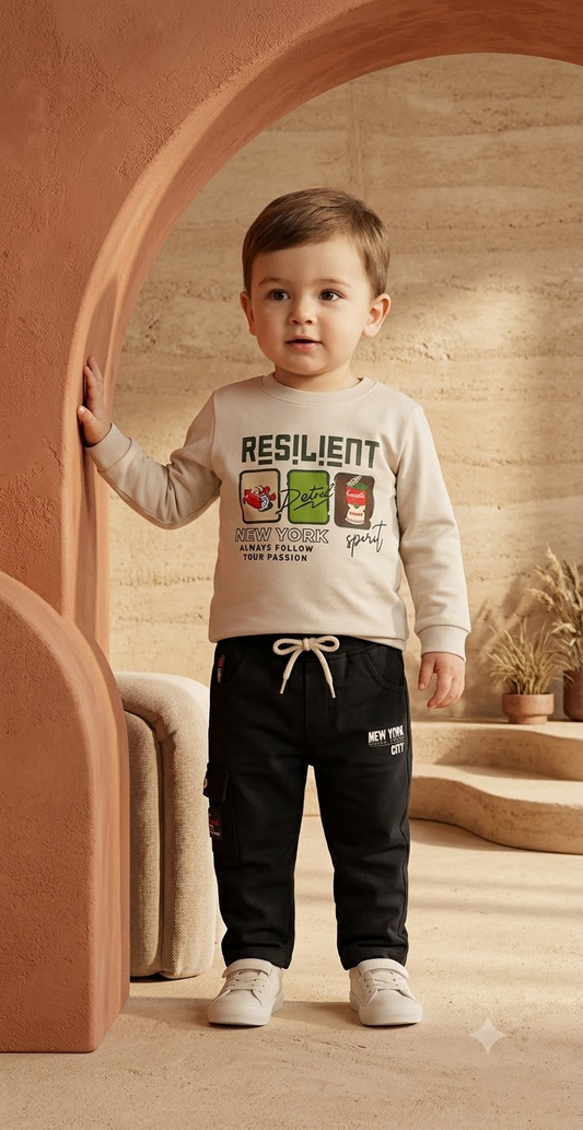 Boy wearing light beige graphic top and black drawstring pants