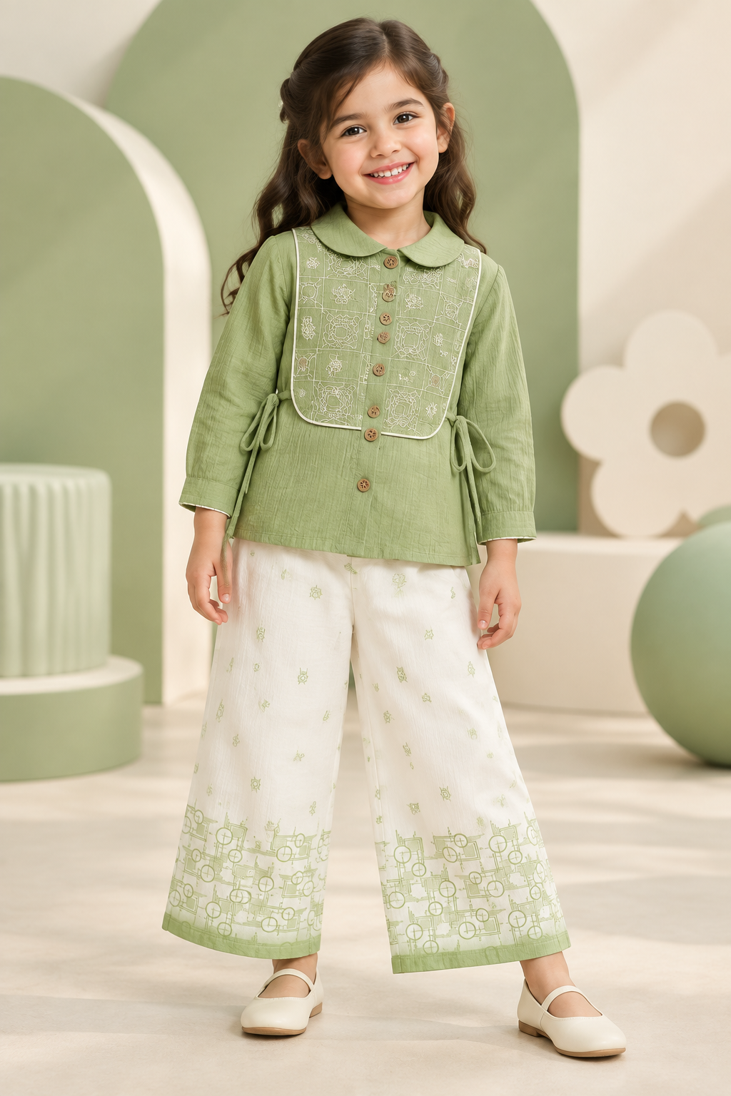 Girl wearing sage-green embroidered top and ivory wide-leg pants