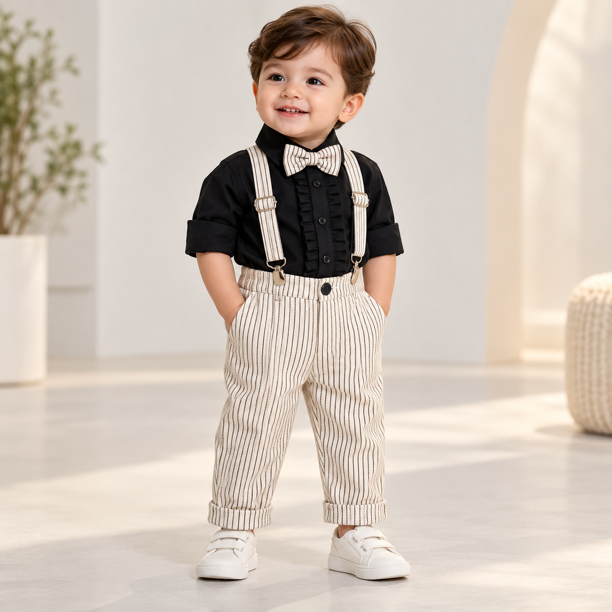 Boy wearing a black shirt with cream pinstripe pants, matching suspenders and bow tie