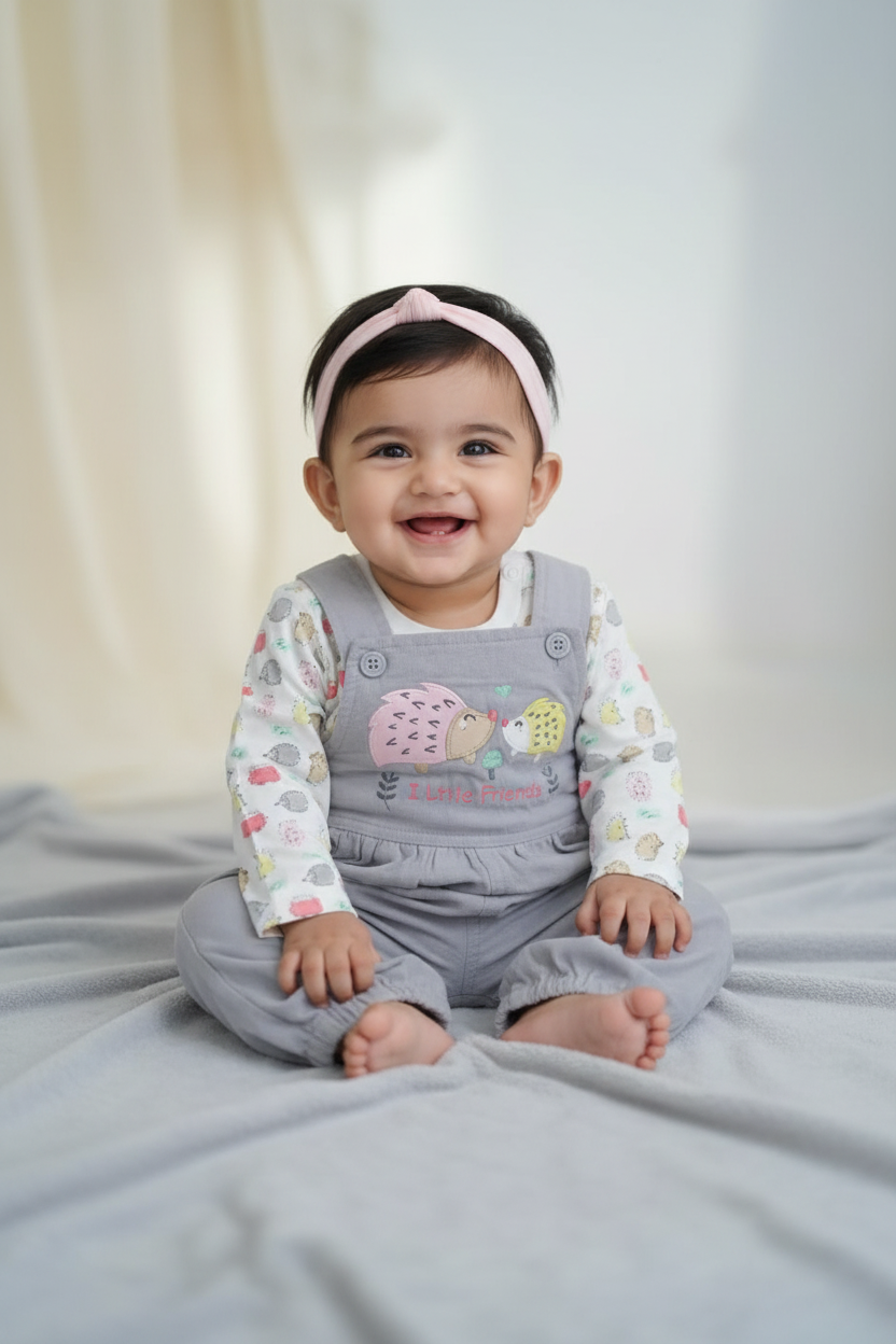 Baby girl wearing little friends hedgehog grey dungaree and fruit print top set - mockup