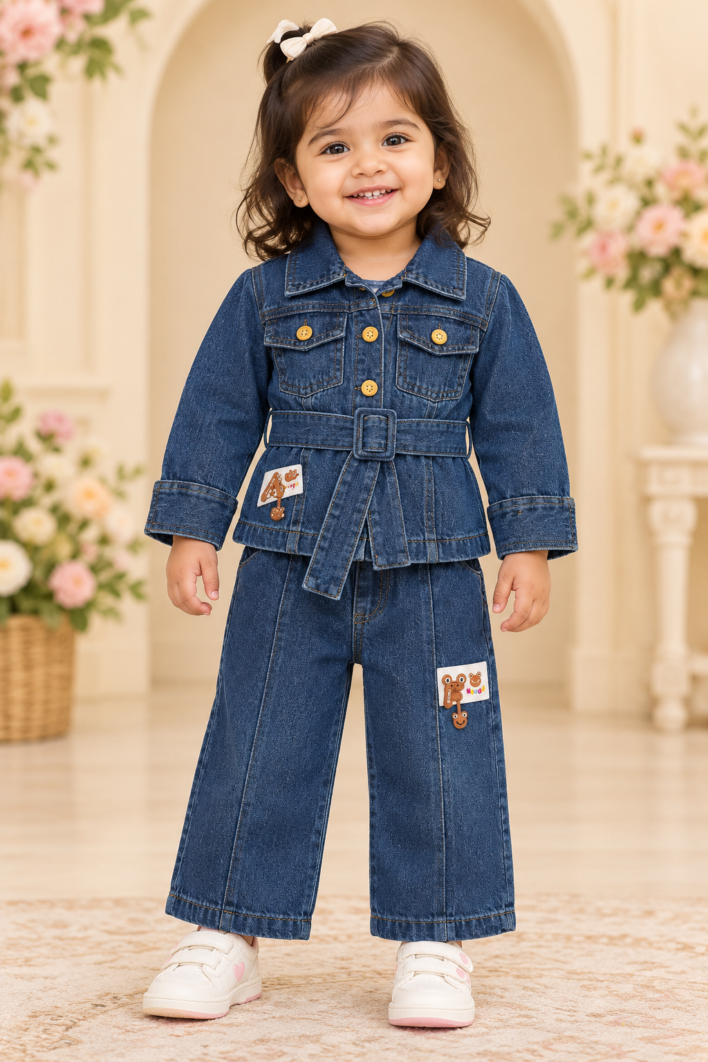 Toddler girl wearing denim jacket with center-front belt and teddy patch, and matching jeans