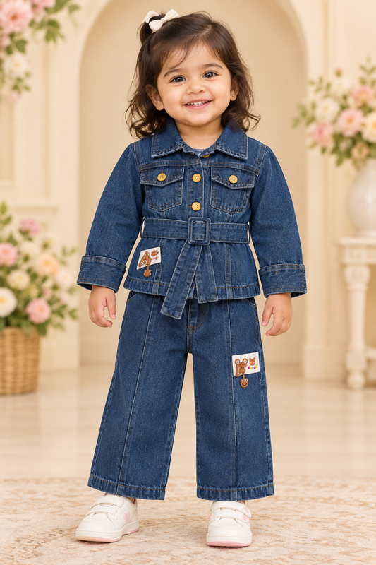 Toddler girl wearing denim jacket with center-front belt and teddy patch, and matching jeans
