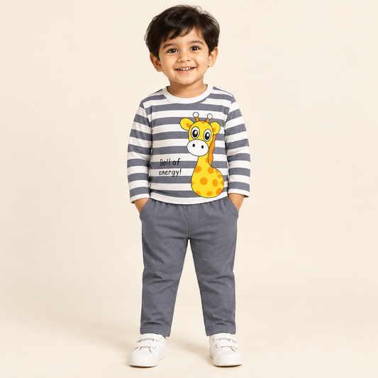 Toddler boy wearing Mint Kids Giraffe Print Set
