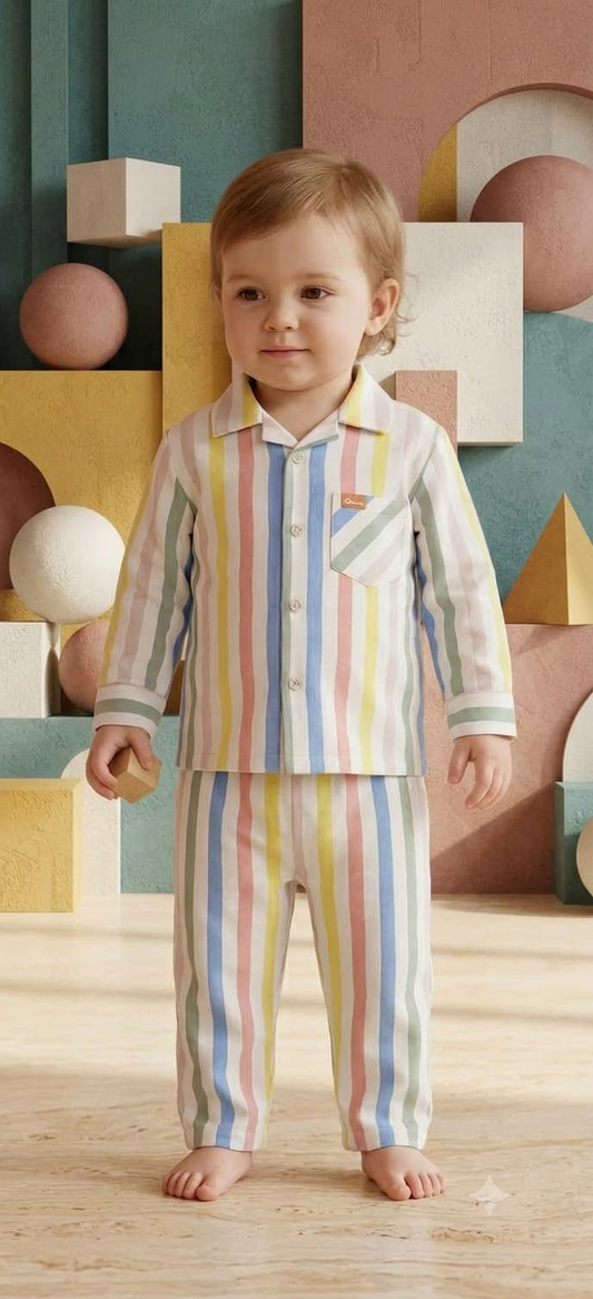 Toddler wearing pastel striped collared shirt and matching pants