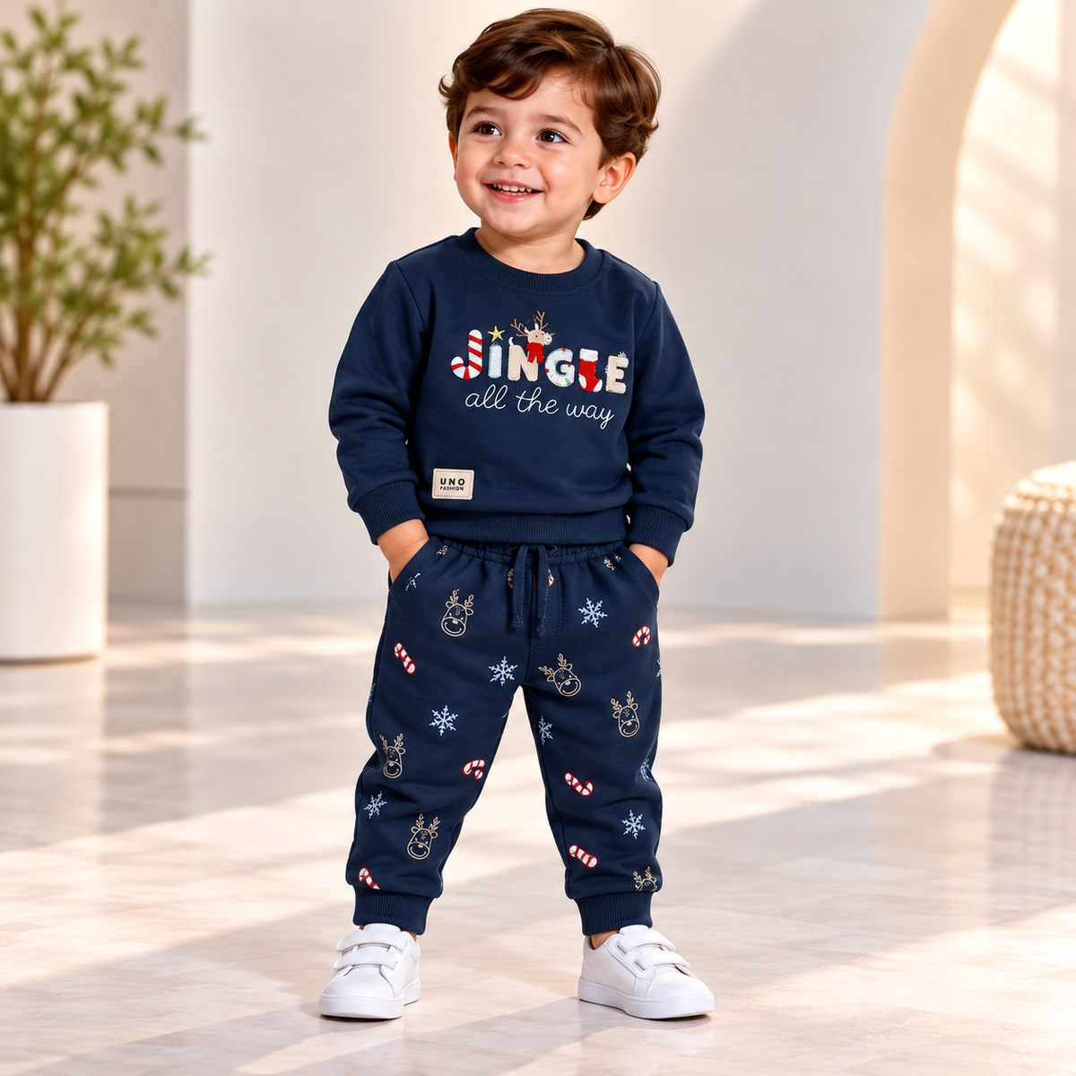 Boy wearing a navy Jingle All the Way sweatshirt and Christmas-print joggers