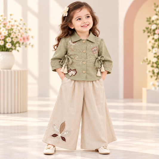 Girl wearing a sage green floral embroidered top with tassel ties and beige wide-leg palazzo pants with a leaf motif