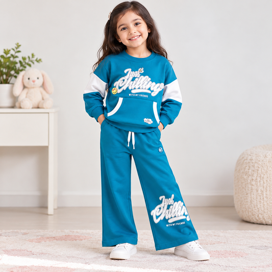 Girl wearing a teal Just Chilling sweatshirt with white sleeve panels and matching wide-leg pants