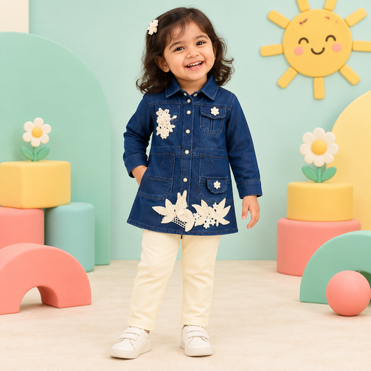 Toddler girl wearing navy floral shirt and cream bottom in a playful studio
