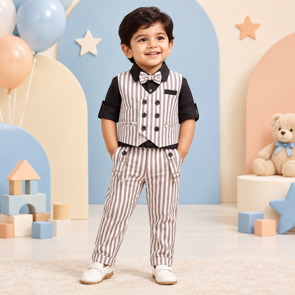 Toddler boy wearing striped waistcoat, tee and suspender pants set in a playful celebration studio