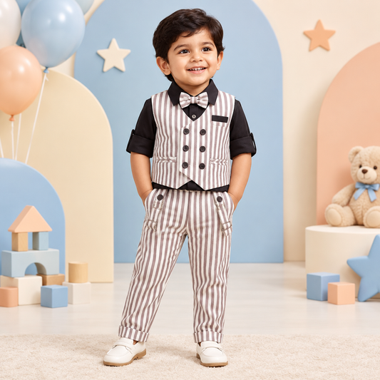 Toddler boy wearing striped waistcoat, tee and suspender pants set in a playful celebration studio