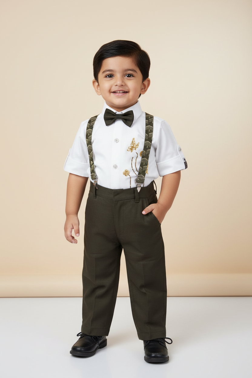 Baby boy wearing white butterfly embroidery shirt black bow tie olive suspender and dark trouser set - mockup