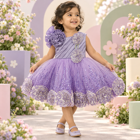 Toddler girl wearing lavender floral ruffle party dress in a soft garden-party studio