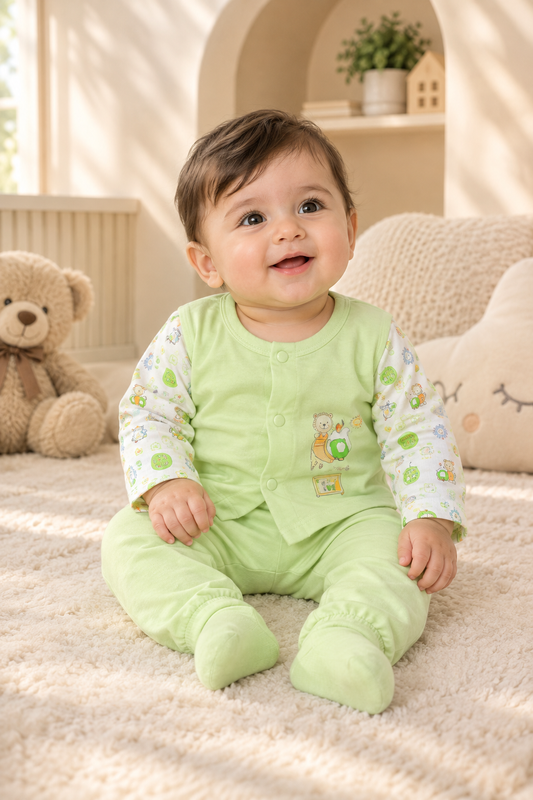Baby wearing light-green printed-sleeve top and matching pants