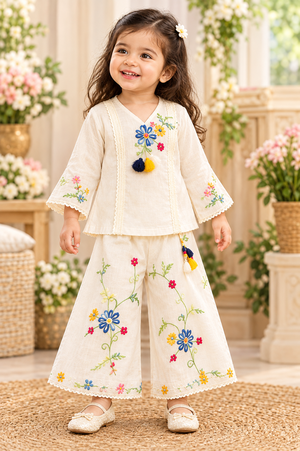Toddler girl wearing cream floral embroidered top and wide-leg bottom with blue-yellow flowers and tassels