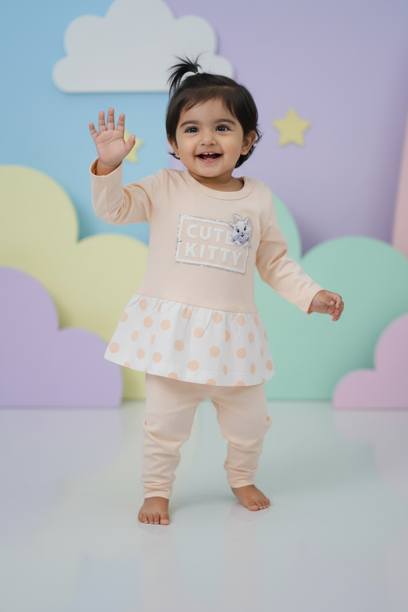 Baby girl wearing peach Cute Kitty polka dot tunic and jogger pants - 2 year old model mockup