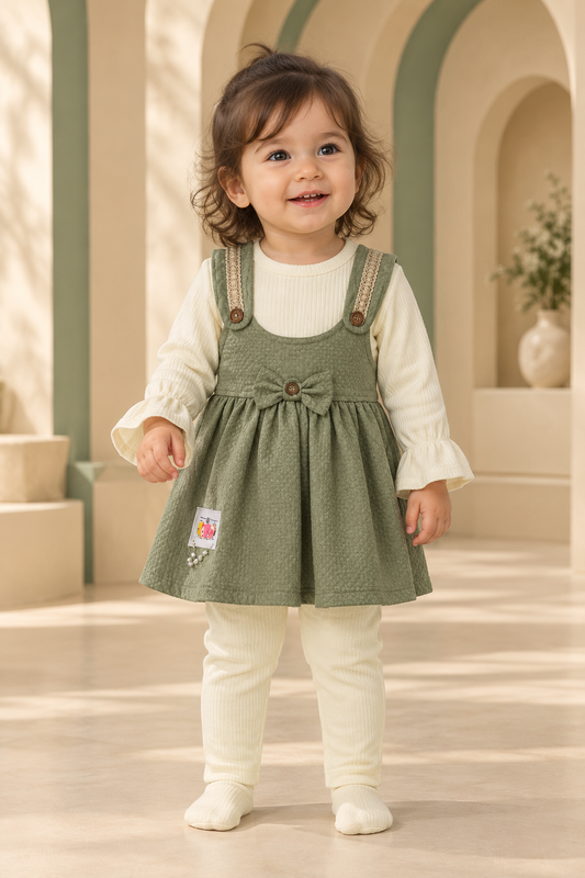 Baby girl wearing sage-green pinafore, cream top and leggings