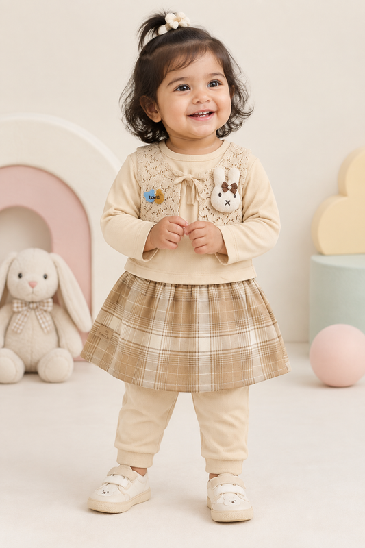 Toddler girl wearing cream bunny top with check skirt and jogger pants